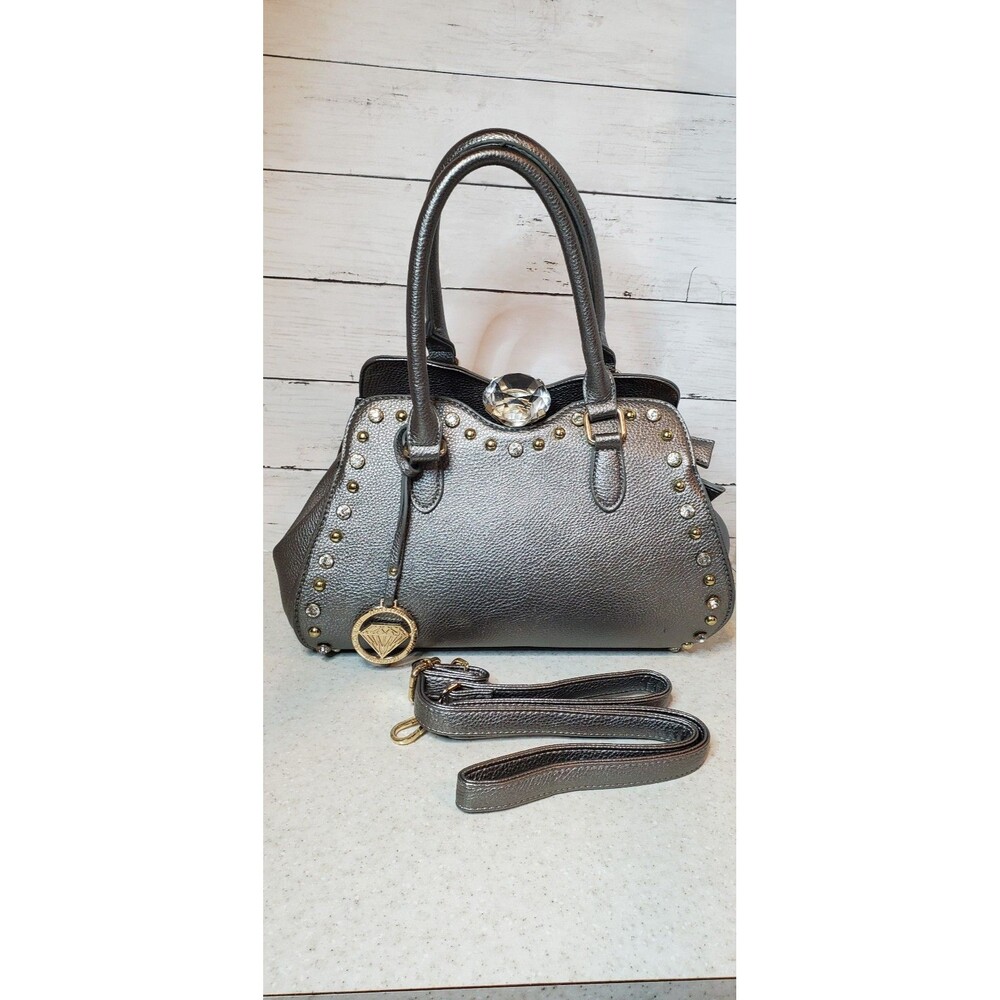 Traci Lynn Studded Handbag Purse Gray Metallic Faux Leather Giant Crystal Clasp